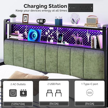 VINGLI Queen Size Headboard Only, Adjustable Upholstered Headboard with 2 Tier Shelves and Pegboard with Charging Stations and LED Lights, Modern Bed Headboard with Storage for Bedroom Decor