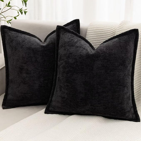 Black Decorative Throw Pillow Covers 22x22 Inch Set of 2 Cozy Soild Chenille Cushion Cases Soft Textured Square Couch Pillows Cover Boho Accent Farmhouse Pillowcases for Sofa Bed