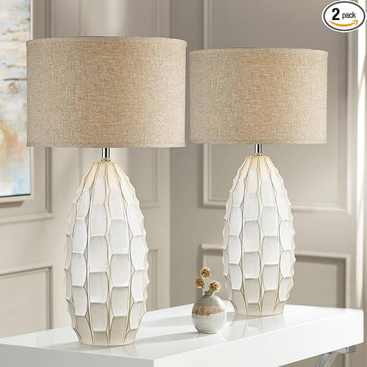 Possini Euro Design Cosgrove 32 3/4" Tall Oval Large Mid Century Modern Coastal End Table Lamps Set of 2 White Ceramic Living Room Bedroom Bedside Nightstand House Beige Shade (Colors May Vary)