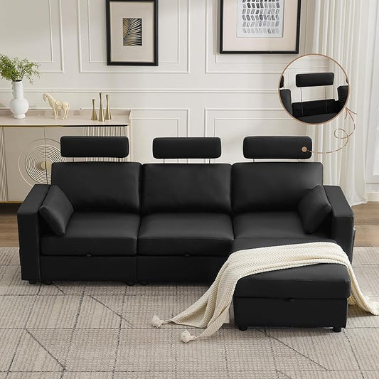 98.2" Modular Sectional Storage Couch, Oversized Faux Leather L Shaped Couch, Modern Cloud Upholstered Sofa with Headrest & Side Pocket, Sectional Sofa for Living Room Apartment Small Spaces, Black
