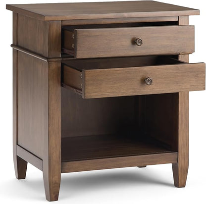 SIMPLIHOME Carlton Bedside Table - 24 inch Wide Solid Wood Nightstand Table in Rustic Natural Aged Brown, Transitional Bedroom Side or End Table with 2 Drawers, Open Storage Shelf and Bronze Hardware
