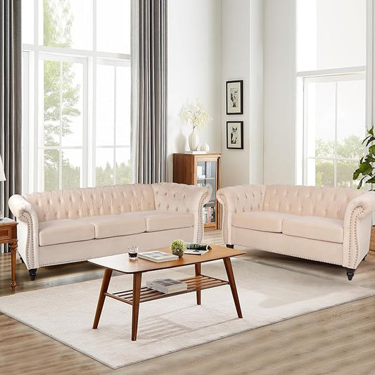 Living Room Velvet Sofa and Loveseat set, Mid Century Modern Upholstered Couch with Cushions, 2-Piece Home Sofa Furniture Sets, Comfy Tufted Chesterfield Couches for Living Room, Bedroom, Office