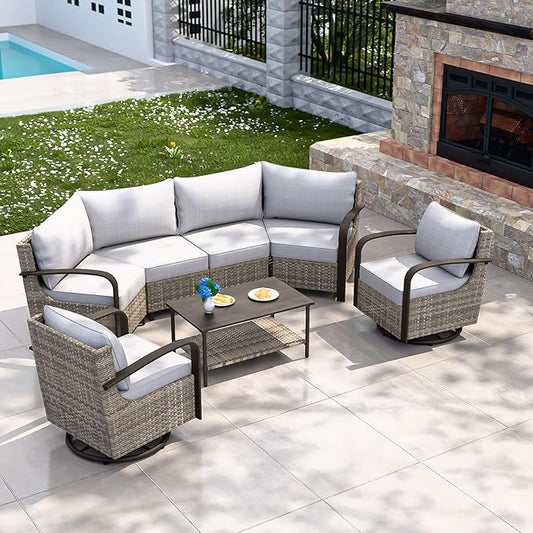 COOS BAY Aurora Terrace Half-Moon Outdoor Furniture Set, Rattan Conversation Set with Swivel Rockers, Curved 4-Seat Sofa, Coffee Table, Seats 6, Beige/Beige