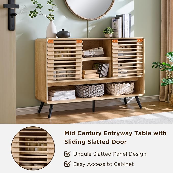 RedLemon 46" Entryway Table, Mid Century Modern Console Table with Slatted Sliding Door, Storage Shelf Wood Sofa Table Behind Couch for Hallway, Living Room, Foyer, Natural Oak