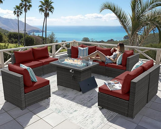 NICESOUL 9 Piece Plus Size Outdoor Patio Conversation Set with Firepit Natural Gas/Propane, 29.3'' High Back Modular Sectional Sofa Sets, Heavy Duty Backyard Furniture, 2 Color Cushion Red & Grey
