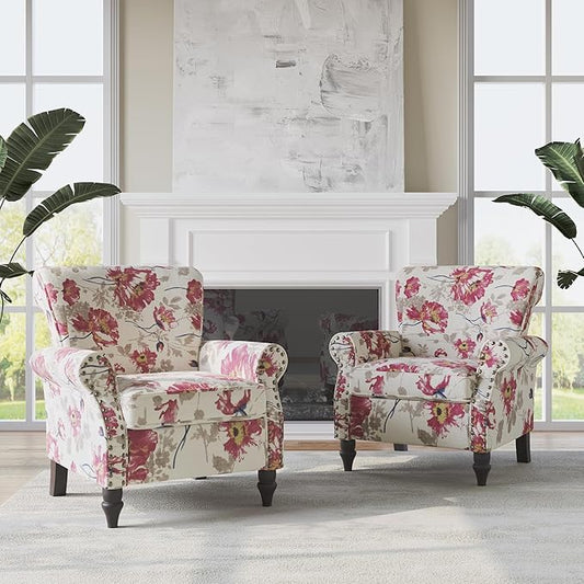 Accent Chair, Upholstered High Back Floral Armchair with Nailhead Trim & Wood Legs, Comfy Wingback Reading Single Sofa Chair for Small Spaces, Living Room, Bedroom (White Floral, Set of 2)