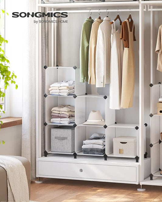 SONGMICS 6 Cube Storage Organizer, Modular Bookshelf, DIY Closet Organizers and Storage, Plastic Stackable Shelves, 14.6 x 13 x 13 Inch Cubes, with Feet and Rubber Mallet, White ULPC206W01