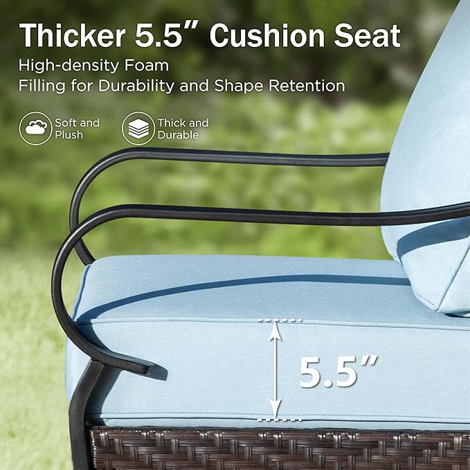 PHI VILLA Patio Furniture Set with 56" Fire Pit Table, Premium Outdoor Wicker Metal Frame Furniture with Upgraded Waterproof Thick Cushions for Porch, Poolside, Deck, and Yard （4 Pieces,Blue）