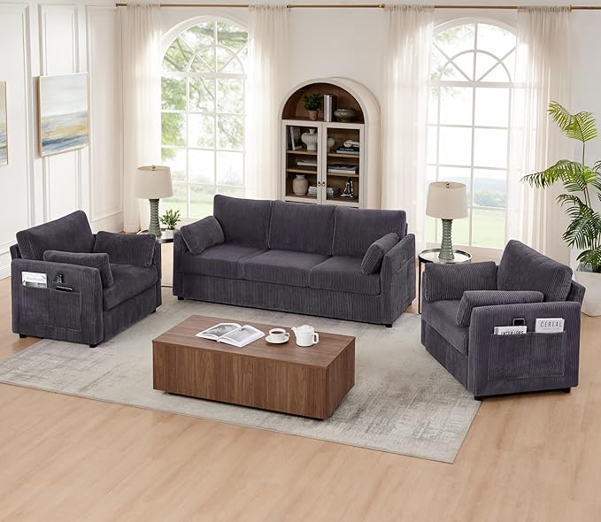 Sofa Set for Living Room Corduroy Couch Sets 3 Seater and Single Chair, Sofas for Apartment and Small Spaces .(Grey, Sofa Set)