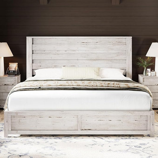 AMERLIFE Farmhouse King Size Bed Frame with 49" Fluted Headboard, Wood Platform Bed with Natural Wood Grain, No Box Spring Needed/Noise Free, Distressed White