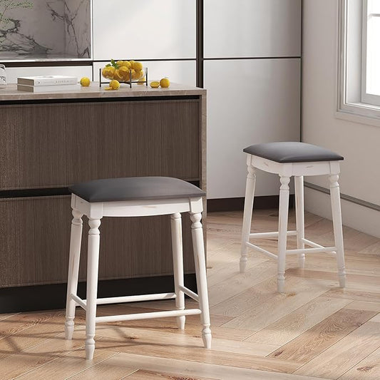 COSTWAY Upholstered Bar Stools Set of 2, 24-Inch Backless Counter Height Dining Stools with Delicate Wood Carving, Footrest, Solid Rubber Wood Frame, Farmhouse BarStools for Kitchen Island Bar, White