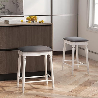 COSTWAY Upholstered Bar Stools Set of 4, 24-Inch Backless Counter Height Dining Stools with Delicate Wood Carving, Footrest, Solid Rubber Wood Frame, Farmhouse BarStools for Kitchen Island Bar, White