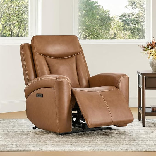CHITA Genuine Leather Power Recliner Chair for Adults, Super Zero Gravity Recliner with Adjustable Power Headrest & USB/Type-C Ports, for Living Room, Bedroom & Home Theater, Saddle