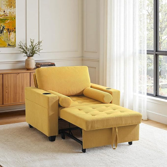 Convertible Sleeper Chair Bed, Comfy Corduroy Single Futon Sofa Chair with Pull Out Bed, 3-Levels Adjustable Backrest Accent Chair with Side Pockets, Cup Holder & USB Ports for Living Room, Bedroom