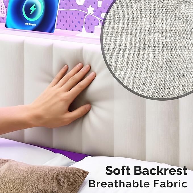 VINGLI Queen Size Headboard Only, Adjustable Upholstered Headboard with 2 Tier Shelves and Pegboard with Charging Stations and LED Lights, Modern Bed Headboard with Storage for Bedroom Decor
