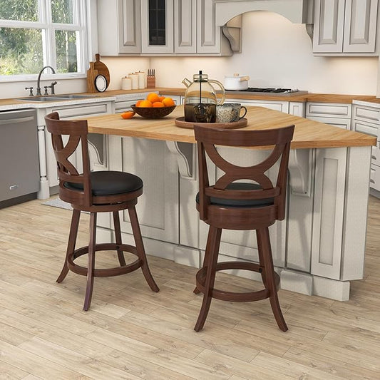 COSTWAY Bar Stools Set of 2, 24'' 360-Degree Swivel Chairs with Soft Cushion & Elegant Hollow Backrest, Rubber Wood Footrests, Upholstered Swivel Counter Stools for Kitchen Island, Pub, Café (2, 24‘’)