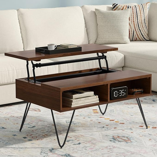 SIMPLIHOME Hunter Small Lift Top Coffee Table - 36 inch Wide Solid Walnut Veneer and Metal Industrial Cocktail Table, Living Room Table with Hidden Storage, 2 Cubbies, and Hairpin Legs