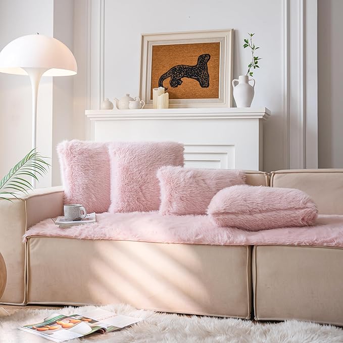 Neelvin Pink Faux Fur Cozy Fluffy Double-Sided Decorative Throw Pillow Covers 18x18 inch Set of 2,Velvet Pillowcase Cushion Case for Sofa Couch