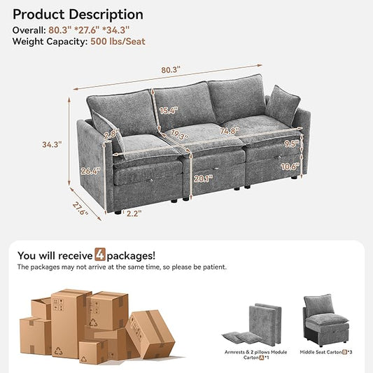 80" Cloud Modular 3 Seater Sofa with Storage, Modern Upholstered Storage Sofa Couch Deep Seat, Sectional Sofa Chenille Comfy Couch with Armrests for Living Room, Small Space, Light Grey