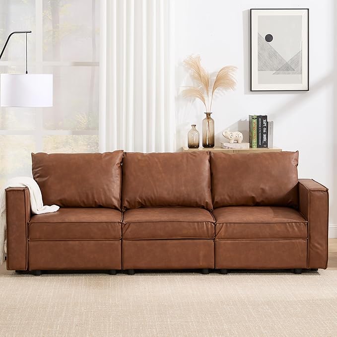 3 Seater Brown Leather Modular Sectional Sofa, 90 inch Cloud Modular Sectional Couch, Modern Convertible Comfortable Sofa for Living Room/Apartment