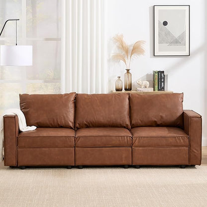 L Shaped Brown Leather, 90 Inches Cloud Modular Sectional Sofa, Modern Convertible Comfortable Sofa for Living Room/Apartment