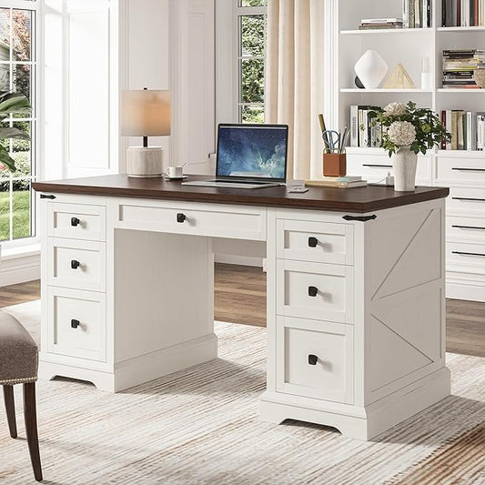 EnHomee 58" W Farmhouse Executive Desk with Drawers, Wood Home Office Desks with Power Outlets, Rustic Computer Desk with Storage Cabinet for Working, Studying, Writing, White + Brown