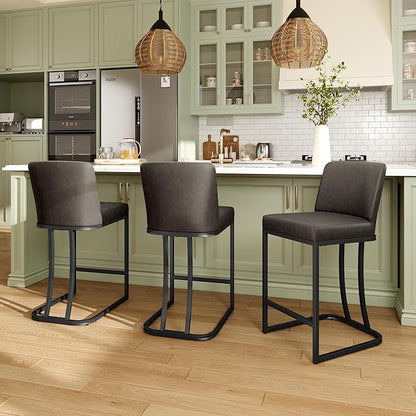 MAISON ARTS Counter Height Bar Stools with Back Set of 4 for Kitchen Counter, 24 Inch Modern Upholstered Faux Leather Barstools Farmhouse Bar Chairs Luxury Island Stools Support 330LBS, Grey