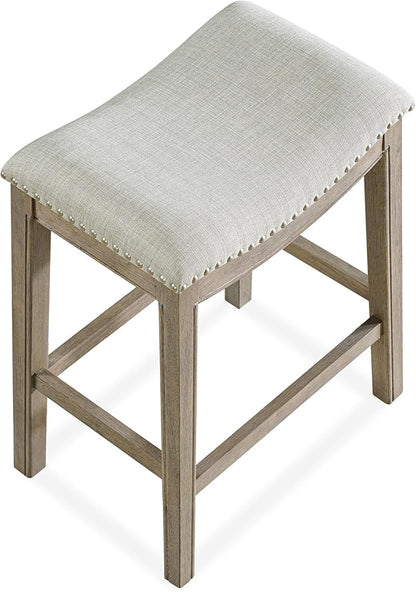 ROME + OAK Parker 26 Inch Counter Stool, Backless Saddle Kitchen Barstool in Reclaimed Oak Finish with Ash Grey Fabric Upholstery Cushion Seat