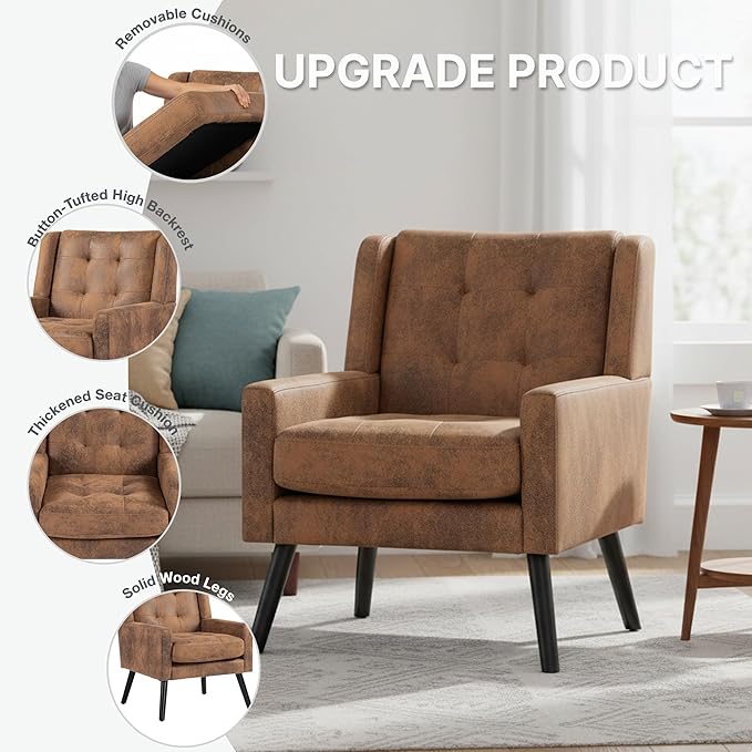 Mid-Century Modern Accent Chair, Plush Suede Fabric with Button Tufted High Back & 5" Thick Cushion, High Comfort Reading Chair for Living Room, Bedroom, Office (Brown)
