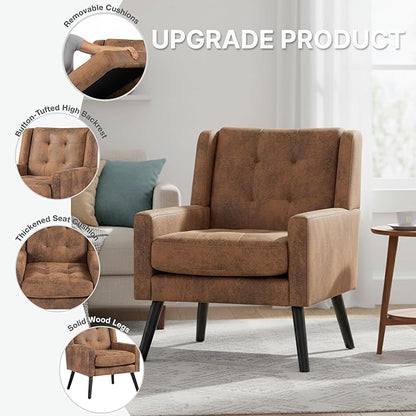 Mid-Century Modern Accent Chair Set of 2, Plush Suede Fabric with Button Tufted High Back & 5" Thick Cushion, High Comfort Reading Chair for Living Room, Bedroom, Office (Brown)