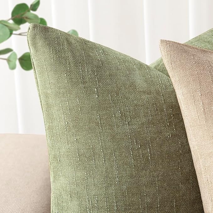Foindtower Pack of 2 Soft Textured Chenille Throw Decorative Pillow Covers Square Accent Solid Cushion Cover Cozy Neutral Farmhouse Pillow Case for Couch Sofa Bedroom Living Room 20x20 Inch,Sage Green