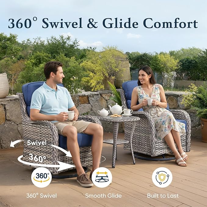 Belord Luxury 6" Thick Cushioned Outdoor Swivel Rocker Patio Chairs Set of 4 with Side Table, High Back Wicker Furniture Set with Ergonomic Zone Back, Conversation Set for Deck Porch - Grey+Blue