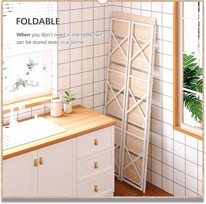 4NM 6 Tiers No Assembly Book Shelves, 61.8" H Folding Bookshelf Bookcase Open Industrial Foldable Shelves for Bedroom, Living Room, Home Office - Natural White