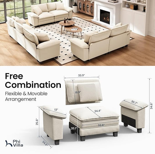PHI VILLA Cloud Modular Couches Sets, 3 Pieces Large Sectional Sofa Set with Loveseats, 7-Seater Upholstered Couch for Living Room, Chenille Fabric, Beige