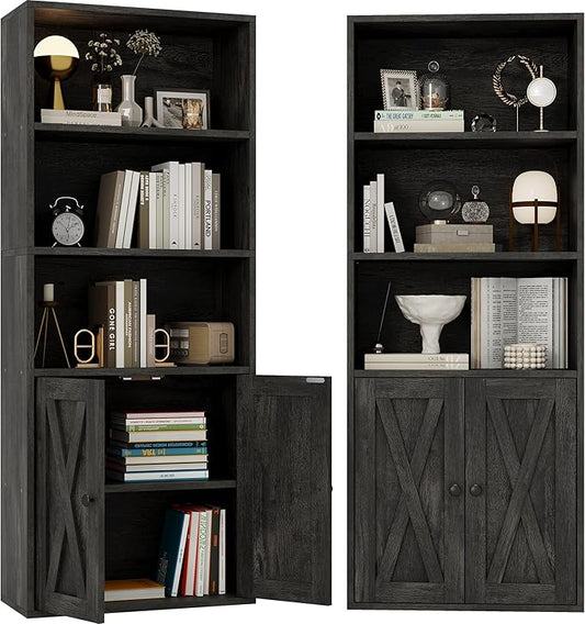 IRONCK Industrial Bookshelves and Bookcases with Doors 11.8 in Depth Set of 2 Floor Standing 5 Shelf Display Storage Shelves Bookcase Home Decor Furniture for Home, Office, Living Room, Bedroom