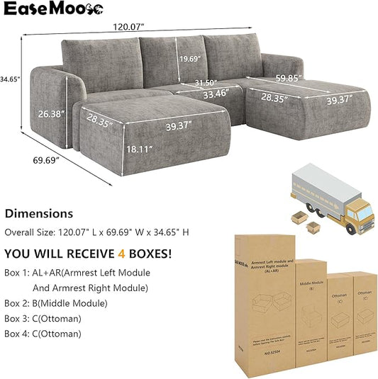 EASE MOOSE Cloud Couch Sectional Sofa, Large U-Shaped Oversized Modular Couch for Living Room, Minimalist Boneless Couches with Ottoman, 5-Seat Deep Sofas for Bedroom, Chenille (Light Grey)