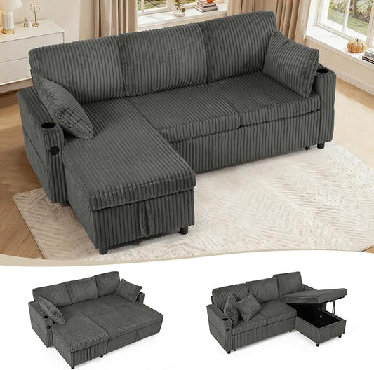 84" Corduroy Pull Out Sofa Bed w/Adjustable Backrests, Sectional L-Shape Sleeper Sofa w/Storage Chaise, Convertible Couch Bed w/USB Charging Port & Cup Holders for Living Room, House, Grey