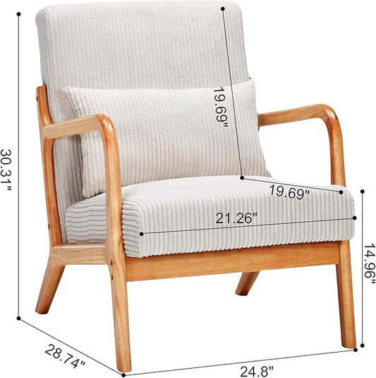Accent Chairs, Mid-Century Modern Chair with Pillow, Armchair with Solid Wood, Reading Relaxing Leisure Chair for Living Room（Beige）