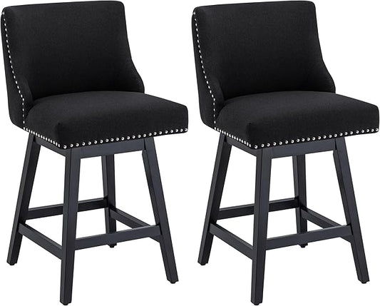 Bar Stools Set of 2, 26 Inch Upholstered Barstools with 13.8" High Back and Footrest, Swivel Counter Height Barstools for Kitchen Island Home Bar Performance Fabric Black