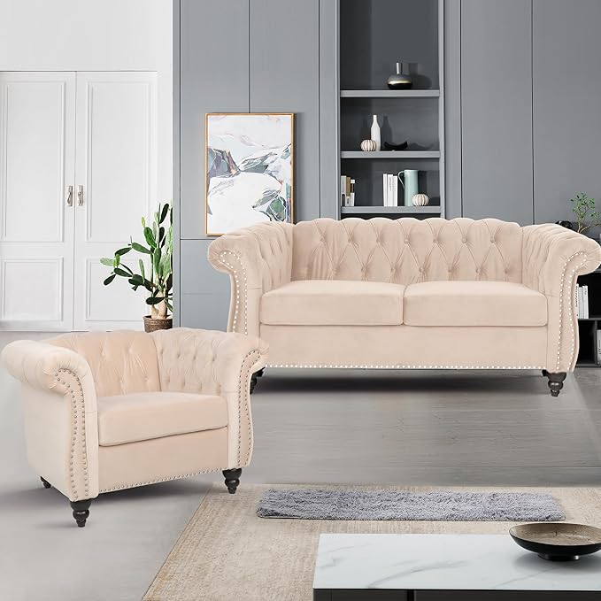 Velvet Sofa Couches Set, 3-Piece Mid Century Modern Upholstered Couch with Cushions, Home Sofa Sectional Furniture Sets, Comfy Tufted Chesterfield Couches for Living Room, Bedroom, Office