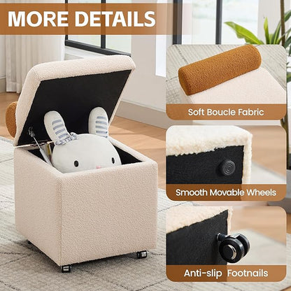 Boucle Vanity Chair with Storage, Swivel Makeup Vanity Chair with Wheels & Safety Hinge, Upholstered Vanity Stool Ottoman for Bedroom, Dressing Room, Beige