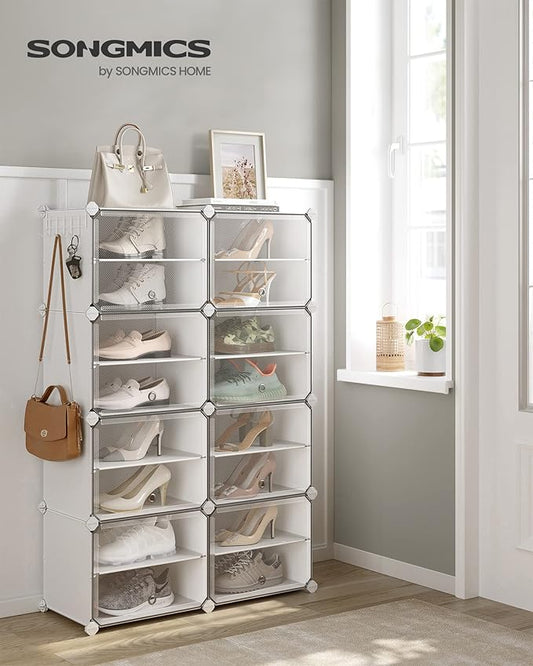 SONGMICS Shoe Rack Organizer, 8-Tier Shoe Storage Cabinet for Closet and Entryway, Holds 32 Pairs of Shoes, Adjustable, Cloud White and Trasparent ULPC034W01