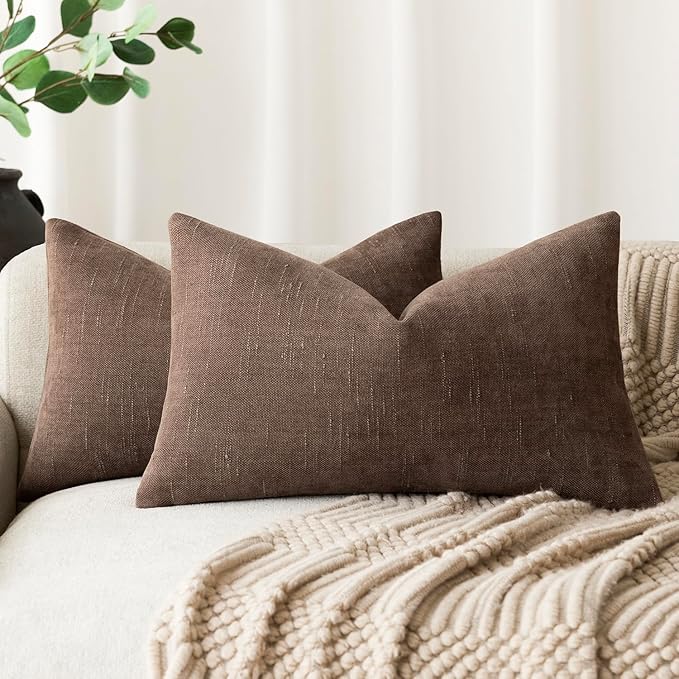Foindtower Pack of 2 Soft Textured Chenille Throw Decorative Pillow Covers Lumbar Accent Solid Cushion Cover Cozy Neutral Farmhouse Pillow Case for Couch Sofa Bedroom Living Room 12x20 Inch, Chocolate