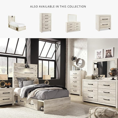 Signature Design by Ashley Cambeck Farmhouse Twin Panel Platform Bed with 2 Storage Drawers, Cubbies, Sconce Light and USB Ports, Foundation or Box Spring Not Needed, Whitewash
