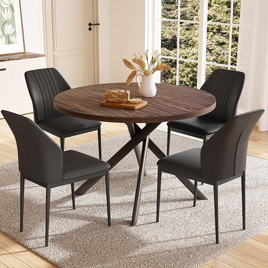45.3'' Walnut Round Dining Table Set for 4, Mid Century Modern Small Coffee Set for Dining Room Kitchen Apartment (Dark Walnut Table + 4 Black Chairs)