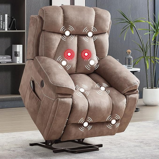 Large Power Lift Recliner Chair with Massage and Heat for Elderly, Wide Padded Recliner with 2 Cup Holders, Side Pocket & USB Charger (1, Khaki)