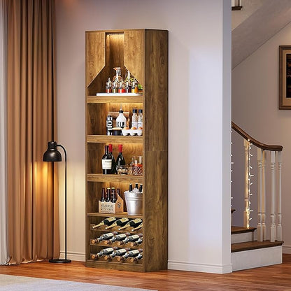 Tribesigns 86.6" Tall Wine Bar Cabinet with Stripe Light, Farmhouse Home Bar Liquor Cabinet with Wine Racks and Open Shelves for Kitchen Dining Living Room