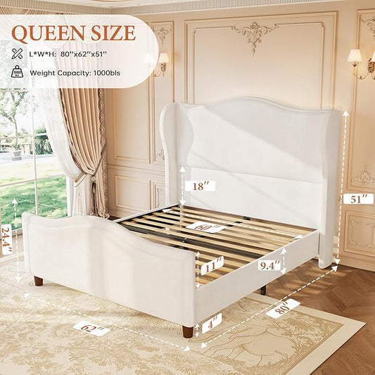 koorlian Queen Size Bed Frame Chenille Upholstered Platform Bed with 51" Tall Headboard and High Deep Tufted Footboard, Modern Retro Minimalist Style Wingback Sleigh Bed, Easy Assembly, Cream