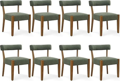 Modern Green Dining Chairs Set of 8, Walnut Upholstered Kitchen & Dining Room Chairs, Mid Century Modern Wooden Dining Chairs Oversized Sturdy Fabric Rounded Chairs Curved Back
