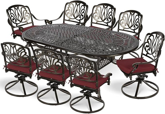 MEETWARM 9-Piece Outdoor Patio Dining Set, All-Weather Cast Aluminum Patio Conversation Set for Backyard Garden Deck with 8 Cushioned Swivel Rocker Chairs, 1 Oval Table, 2" Umbrella Hole, Chili Red
